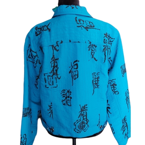 Chico's Blue Asian Symbols Inspired Button Down Jacket Size Medium - Picture 5 of 7